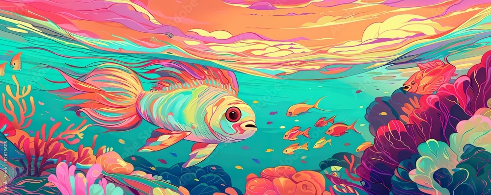 Capture the essence of simplicity beneath the waves Illustrate a serene underwater realm with clean lines and bold colors Explore unconventional perspectives to draw viewers into a