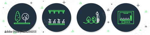 Set line Automatic irrigation sprinklers, Standalone sensor and plant, Trees and Incubator for eggs icon. Vector