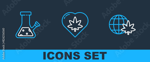 Set line Legalize marijuana globe, Glass bong for smoking cannabis and Marijuana leaf heart icon. Vector