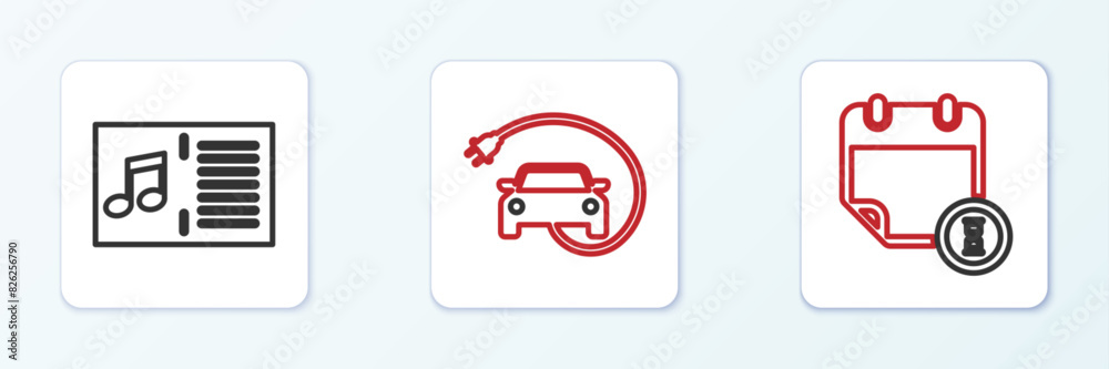 Set line Calendar and clock, Music book with note and Electric car icon. Vector