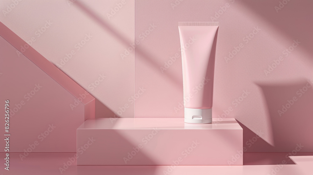 A tube of pink makeup sits on a pink pedestal A tube of pink makeup sits on a pink pedestal
