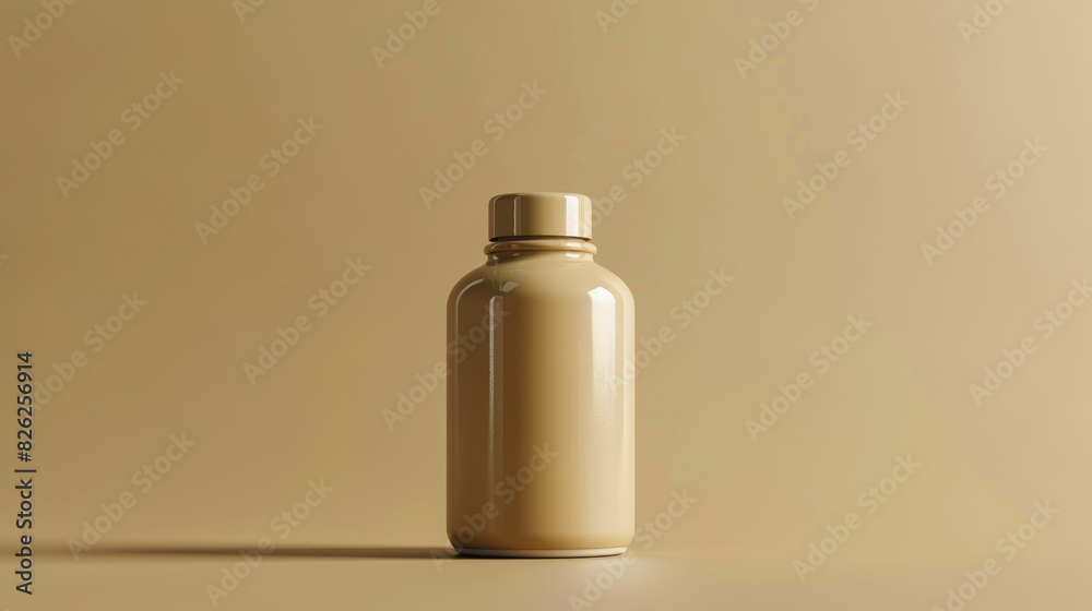 A bottle of medicine is sitting on a tan background