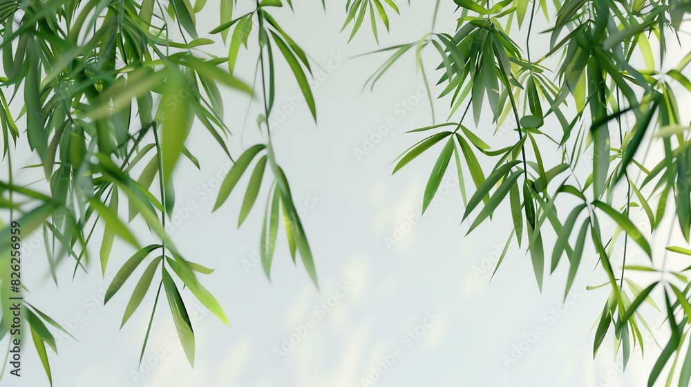 Fresh green bamboo leaves with white background. The image is bright and airy, with a calming and serene atmosphere.