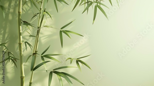 A tall bamboo plant with long  slender leaves. The plant is growing in a green field. The background is a soft  light green color.