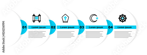 Set line Dharma wheel, Star and crescent, Pope hat and Decree, paper, parchment, scroll icon. Vector