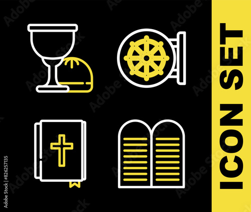 Set line Dharma wheel, The commandments, Holy bible book and grail or chalice icon. Vector