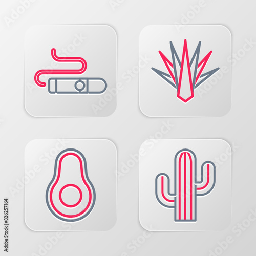 Set line Cactus, Avocado fruit, Agave and Cigar icon. Vector