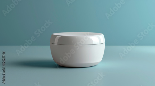 A white bowl sits on a blue table photo