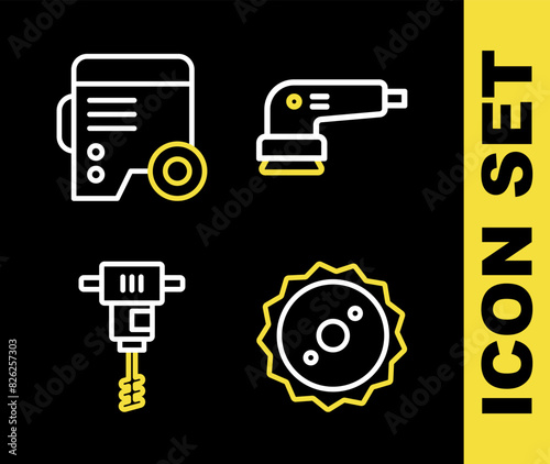 Set line Electric sander, Circular saw blade, Electrical hand concrete mixer and Power electric generator icon. Vector