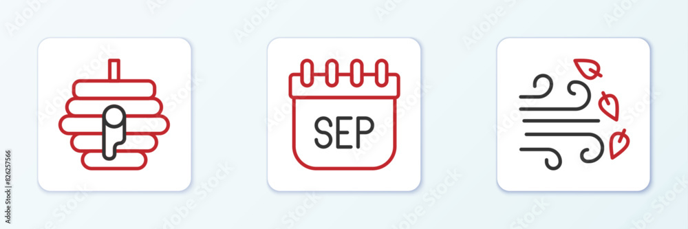 Set line Windy weather, Hive for bees and September calendar autumn icon. Vector Set line Windy weather, Hive for bees and September calendar autumn icon. Vector