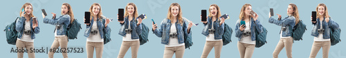 Collage set of tourist traveler a young excited woman showing the  smartphone screen and flight ticket, isolated on blue background. Concept of summer holidays or travel influencer