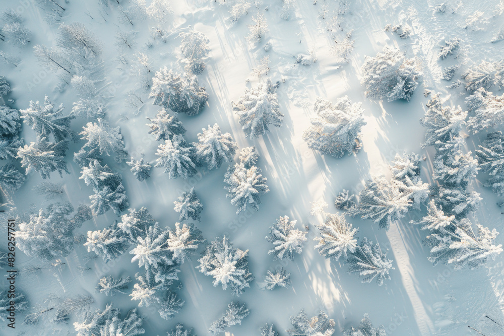 Fototapeta premium Aerial view of a snow-covered landscape, with minimal elements and a focus on the purity of the snow against sparse trees or rocks. 