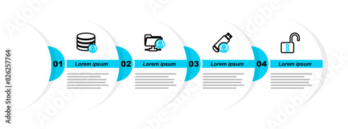 Set line Open padlock, USB flash drive with, FTP folder and and Server security icon. Vector