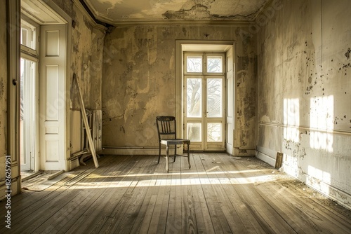 Sunlit dilapidated interior of an abandoned house with a lone chair by the window