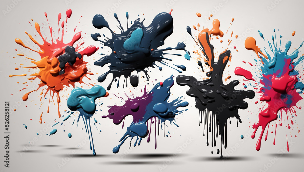 There are six paint splatters on a white background. The paint splatters are in various colors including black, blue, orange, pink, and yellow.