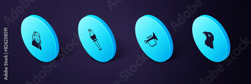 Set Isometric Eagle head, Trumpet, Torch flame and Benjamin Franklin icon. Vector