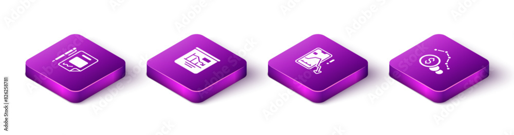 Set Isometric Contract money and pen, Pie chart infographic, Mobile stock trading and Dollar rate decrease icon. Vector Set Isometric Contract money and pen, Pie chart infographic, Mobile stock trading and Dollar rate decrease icon. Vector