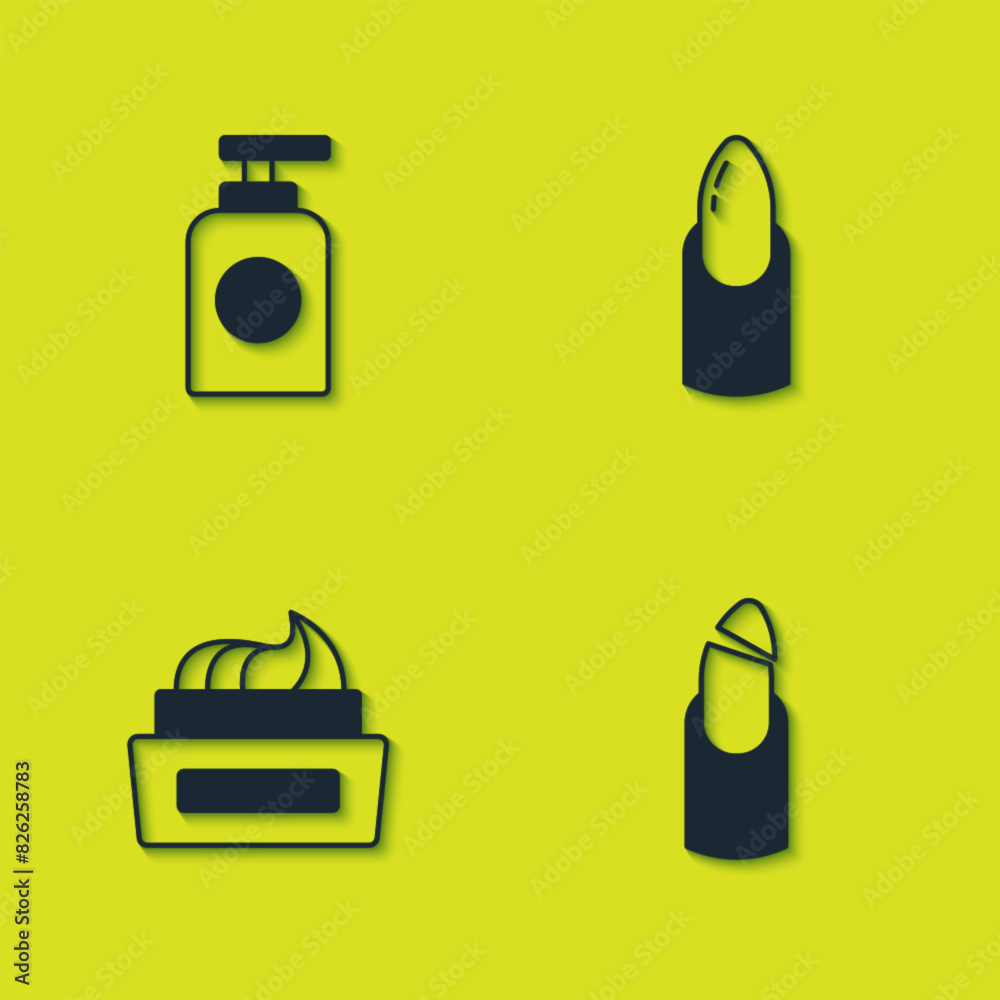 Set Tube of hand cream, Broken nail, Bottle polish and Nail manicure icon. Vector