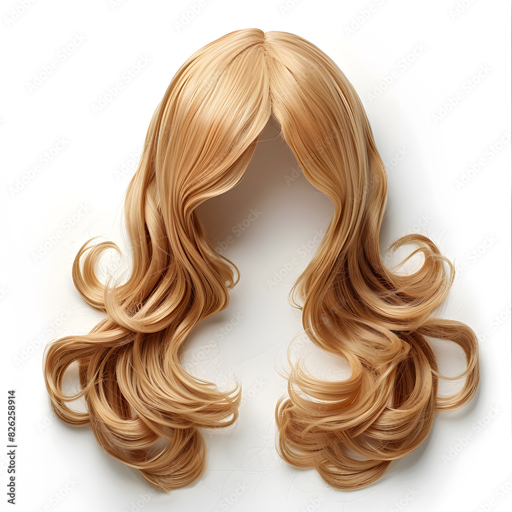 Natural looking long hair cut blonde wig isolated on white background Natural looking long hair cut blonde wig isolated on white background