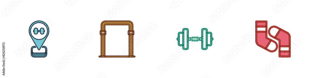 Set Location gym, Sport horizontal bar, Dumbbell and Socks icon. Vector