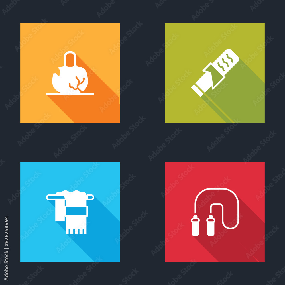 Set Broken weight, Protein sport bar, Towel on hanger and Jump rope icon. Vector Set Broken weight, Protein sport bar, Towel on hanger and Jump rope icon. Vector