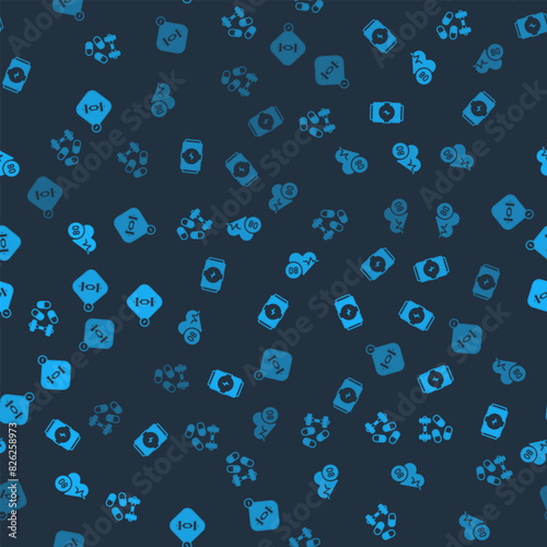Set Sports doping with dumbbell, Energy drink, Heart rate and Fitness app on seamless pattern. Vector