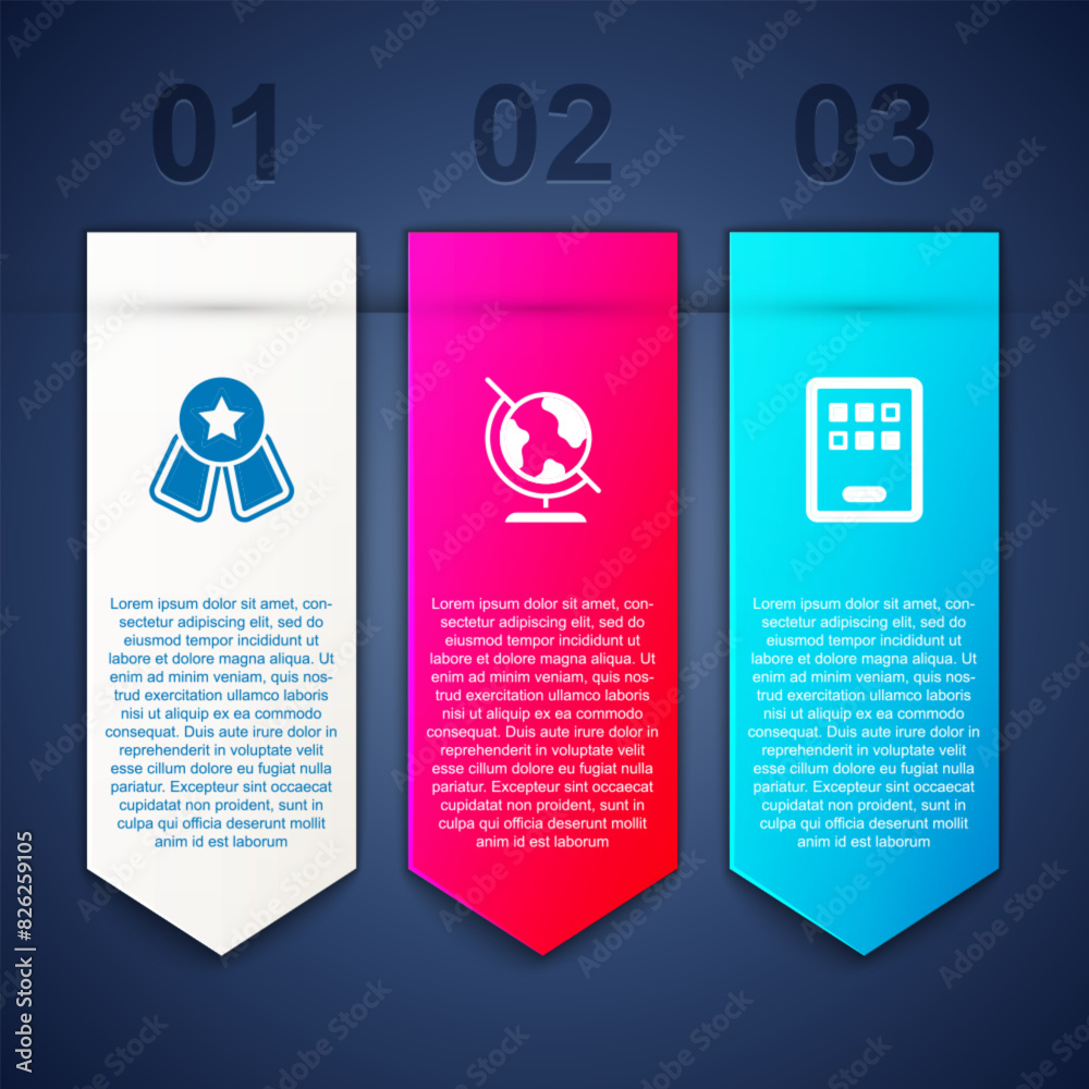 Set Medal with star, Earth globe and Graphic tablet. Business infographic template. Vector Set Medal with star, Earth globe and Graphic tablet. Business infographic template. Vector