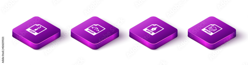 Set Isometric ZIP file document, PHP, EPS and PSD icon. Vector Set Isometric ZIP file document, PHP, EPS and PSD icon. Vector