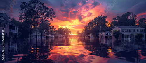 tSunset glows over a tranquil neighborhood submerge