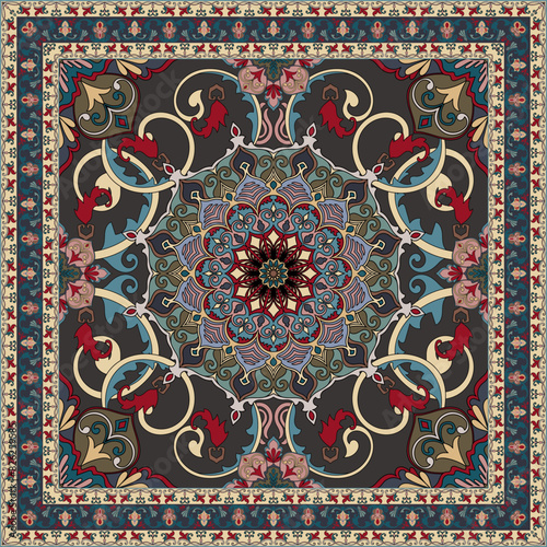 Prayer mat, rolled flower shape, mandala, handkerchief, printed cloth pattern square cloth Vector illustration for printing