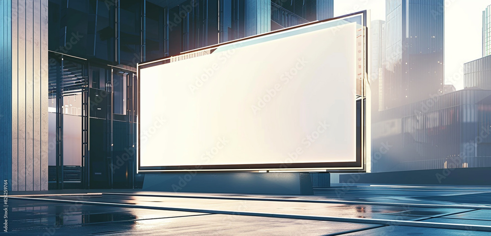 Obraz premium Sleek digital billboard in a tech district, 3D rendered, blank for futuristic ad campaigns, featuring a light border.