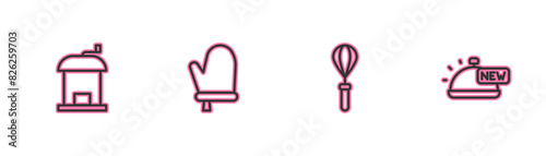 Set line Manual coffee grinder, Kitchen whisk, Oven glove and Covered with tray food icon. Vector