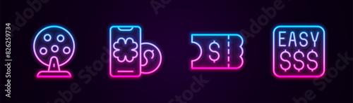 Set line Lottery machine, Online poker table game, ticket and Money prize casino. Glowing neon icon. Vector