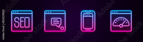 Set line SEO optimization, New chat messages notification, Mobile phone and Digital speed meter. Glowing neon icon. Vector