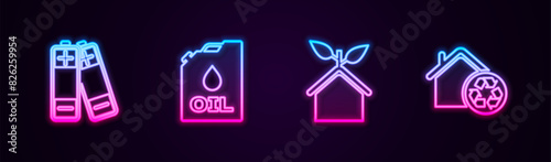 Set line Battery, Canister machine oil, Eco friendly house and House with recycling. Glowing neon icon. Vector