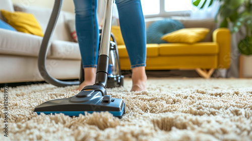Modern Apartment Woman Cleaning Carpet with Vacuum Cleaner