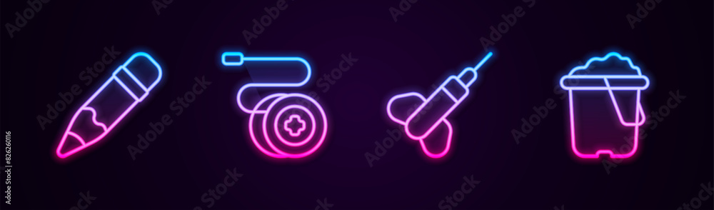 Set line Pencil with eraser, Yoyo toy, Dart arrow and Sand in bucket. Glowing neon icon. Vector Set line Pencil with eraser, Yoyo toy, Dart arrow and Sand in bucket. Glowing neon icon. Vector