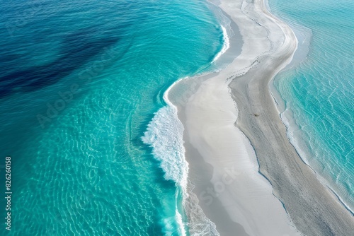Serene beach scene  white sandy shore, turquoise waters, and transparent shallows photo