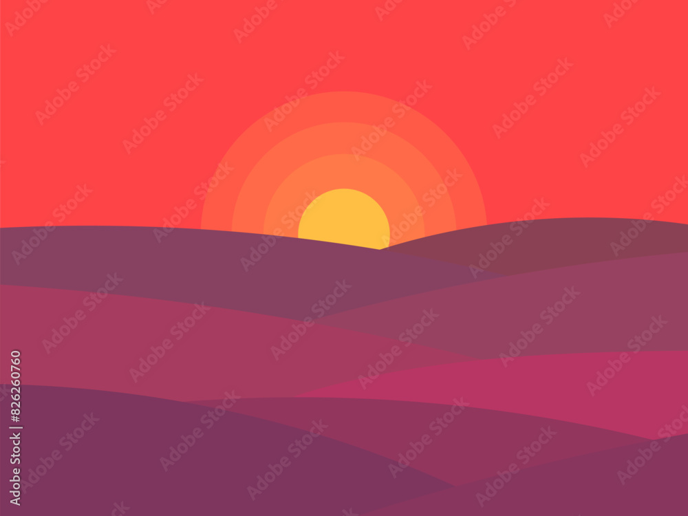 Landscape with wavy landscape and red sunset sky. Desert landscape in boho style. View of the hills. Design for wallpapers, covers, banners and posters. Vector illustration