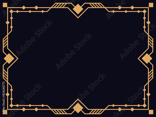 Art deco frame. Vintage linear border. Design a template for invitations, leaflets and greeting cards. Geometric golden frame. The style of the 1920s - 1930s. Vector illustration