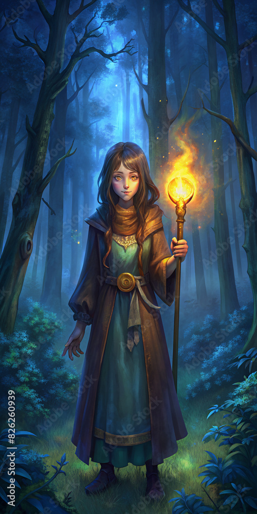 Fototapeta premium A magician girl in a long cloak stands in a forest holding a glowing staff. This image symbolizes magic, adventure and fantasy, creating an atmosphere of mystery and magic.