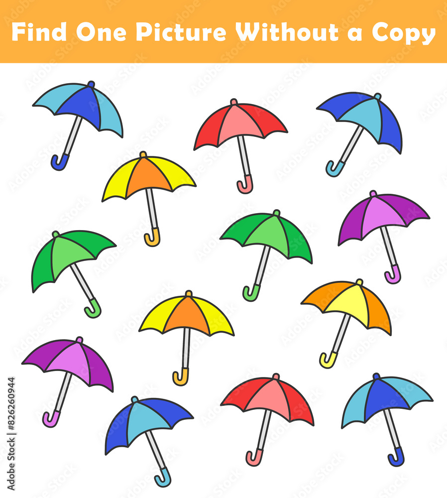 Find One Picture Without a Copy for Preschool Children. Find same picture worksheet for kids. Worksheet for kindergarten-aged children with cute umbrella illustration.