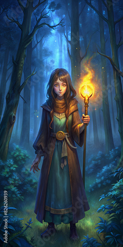 A magician girl in a long cloak stands in a forest holding a glowing staff. This image symbolizes magic  adventure and fantasy  creating an atmosphere of mystery and magic.
