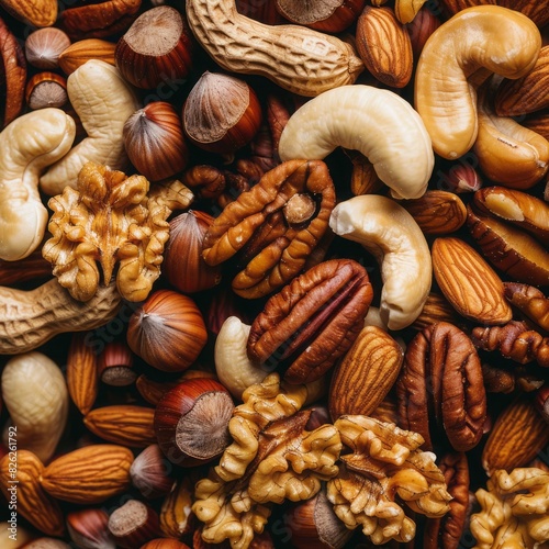 mixture of nuts close up background.