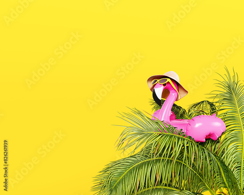 Pink flamingo with hat and sunglasses on palm tree. Summer travel concept design on yellow background with copy space. 3D Rendering, 3D Illustration