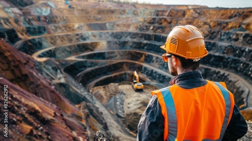 A mining engineer wearing safety gear observes ongoing excavation in a large quarry. Heavy machinery operates on various layers of the pit. photo