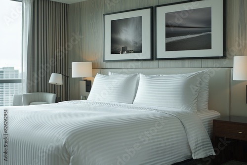 White bed adorned with satin striped bedding and elegant seamless edgeless pillowcases photo