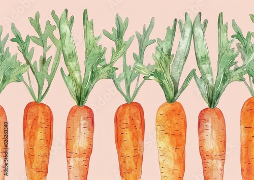 A row of fresh carrots with green leaves on pink background watercolor illustration for health and nutrition concept