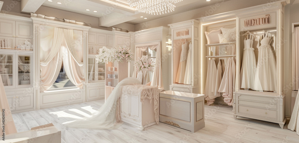 Boutique bridal salon with a designer fabric and style selection kiosk mockup, setting the stage for exquisite wedding preparations. Boutique bridal salon with a designer fabric and style selection kiosk mockup, setting the stage for exquisite wedding preparations.