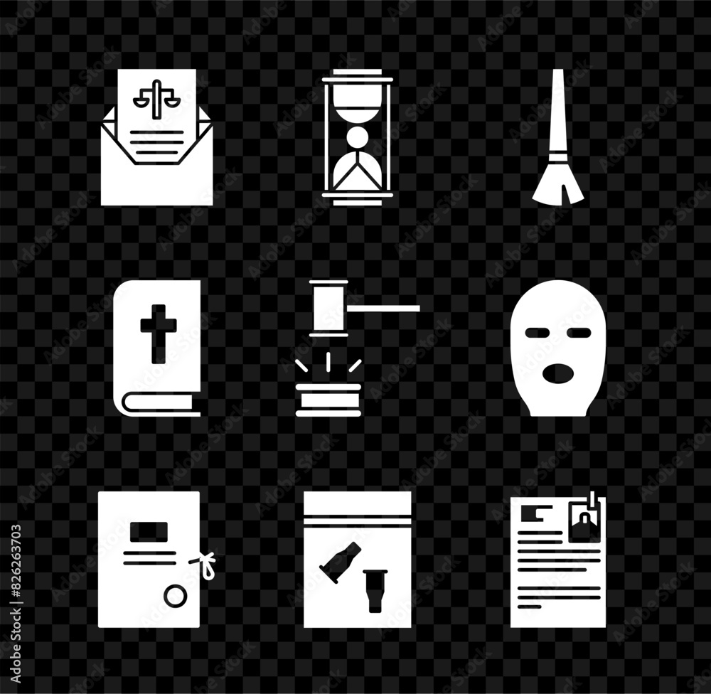 Φωτογραφία Set Subpoena, Old hourglass with sand, Paint brush, Lawsuit paper, Evidence bag bullet, Holy bible book and Judge gavel icon